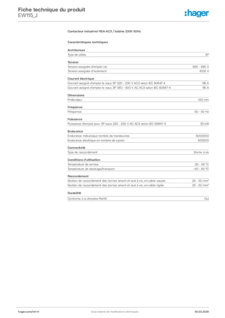 Image Hager Fiche technique du produit EW115_J | Hager Afrique