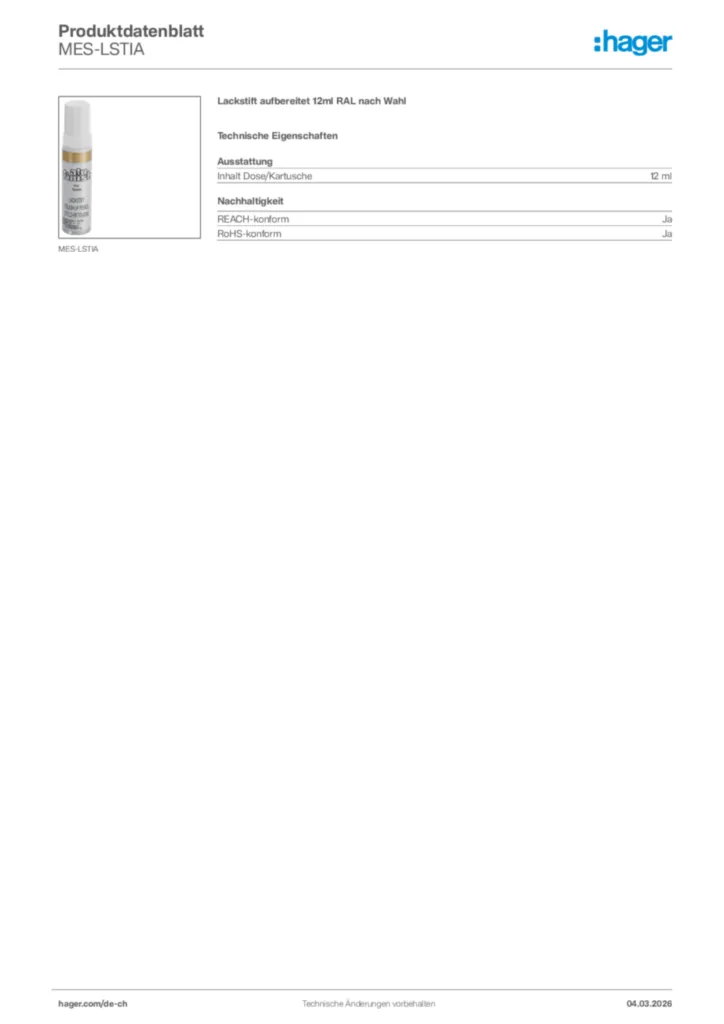 Bild Hager Produktdatenblatt MES-LSTIA | Hager Schweiz