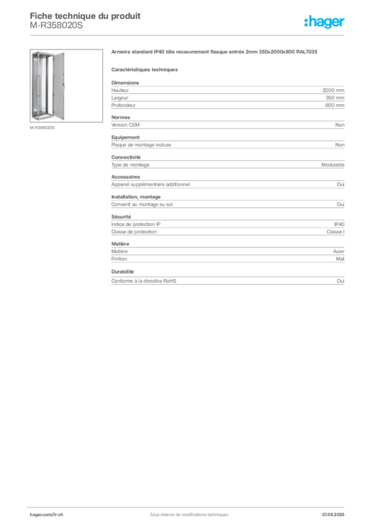 Image Hager Fiche technique du produit M-R358020S | Hager Suisse