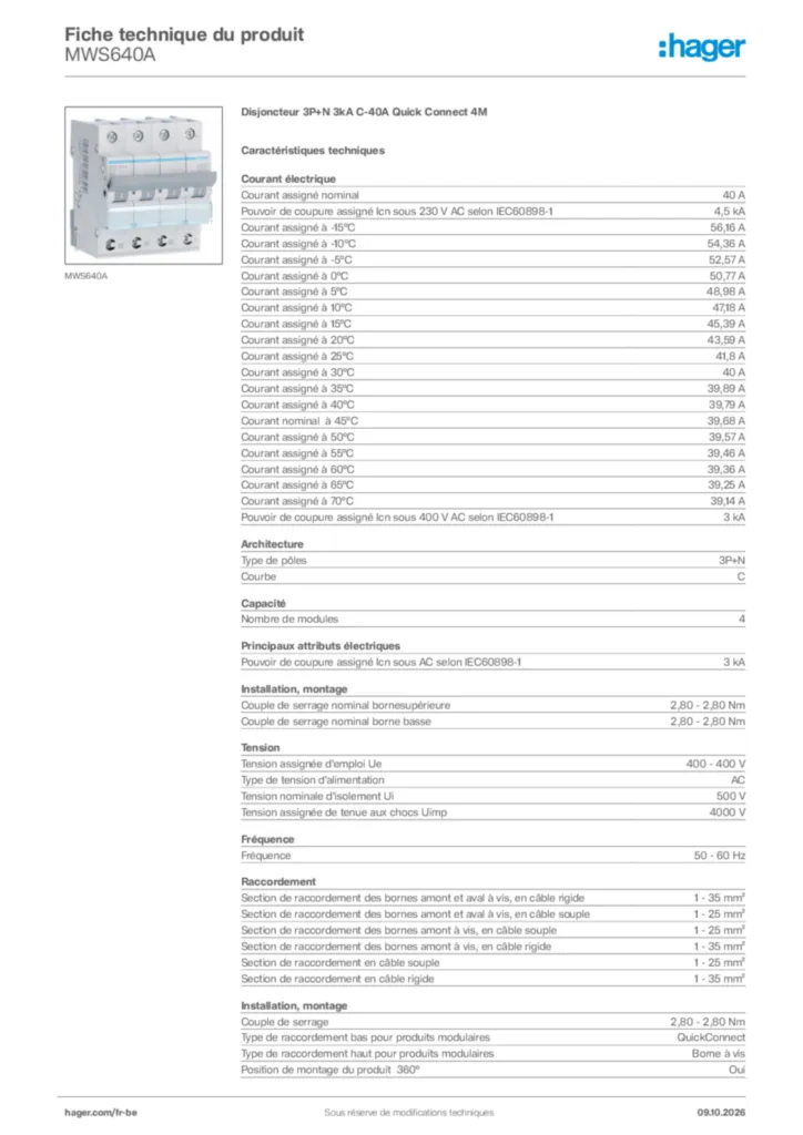 Image Hager Fiche technique du produit MWS640A | Hager Belgique
