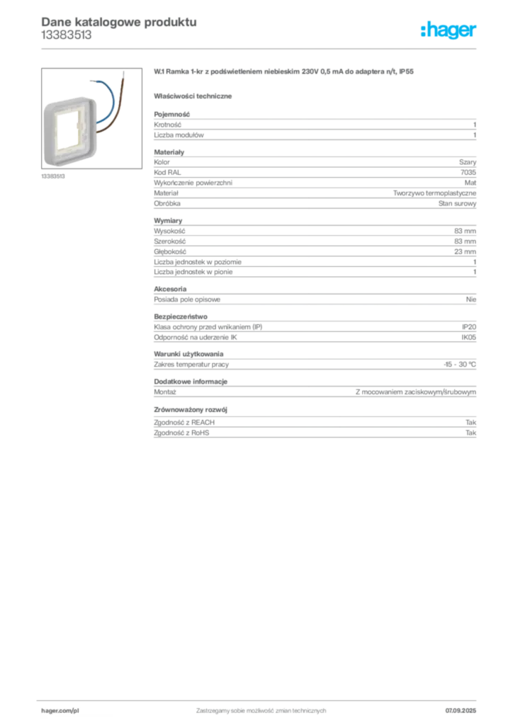 Zdjęcie Hager Dane katalogowe produktu 13383513 | Hager Polska