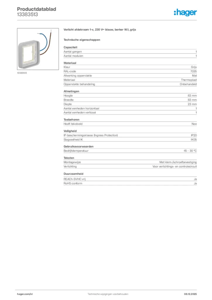 Afbeelding Hager Productdatablad 13383513 | Hager Nederland