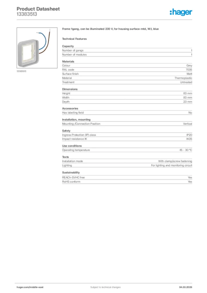 Image Hager Product data sheet 13383513  | Hager