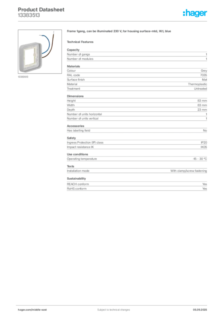 Image Hager Product data sheet 13383513  | Hager