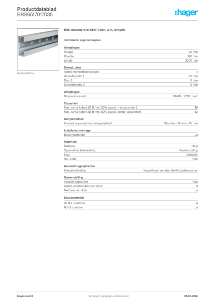 Afbeelding Hager Productdatablad BRS6517017035 | Hager Nederland