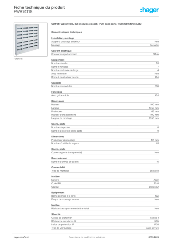 Image Hager Fiche technique du produit FWB74T1S | Hager Suisse