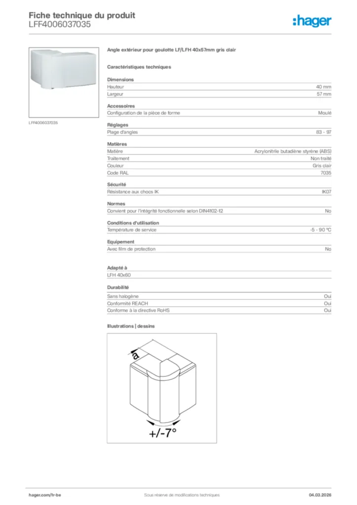 Image Hager Fiche technique du produit LFF4006037035 | Hager Belgique