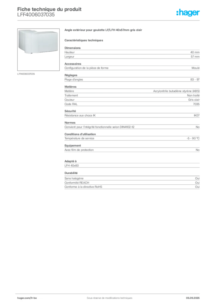 Image Hager Fiche technique du produit LFF4006037035 | Hager Belgique