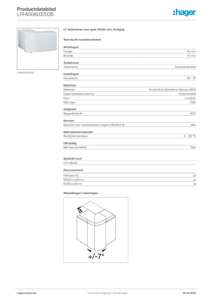 Afbeelding Hager Productdatablad LFF4006037035 | Hager Belgium