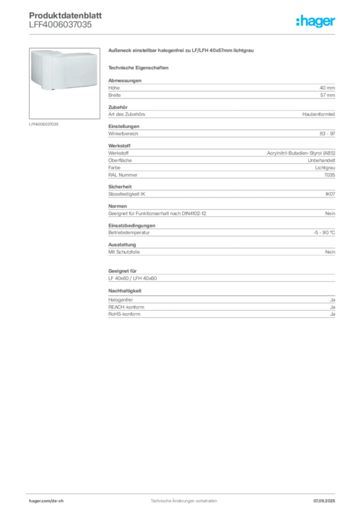 Bild Hager Produktdatenblatt LFF4006037035 | Hager Schweiz