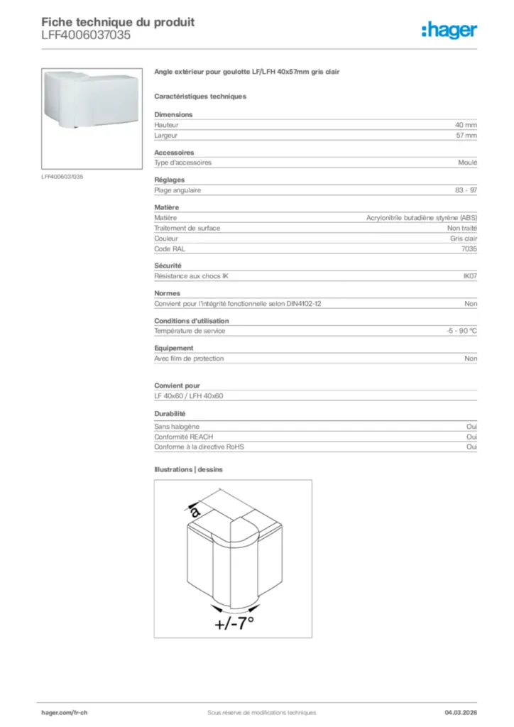 Image Hager Fiche technique du produit LFF4006037035 | Hager Suisse