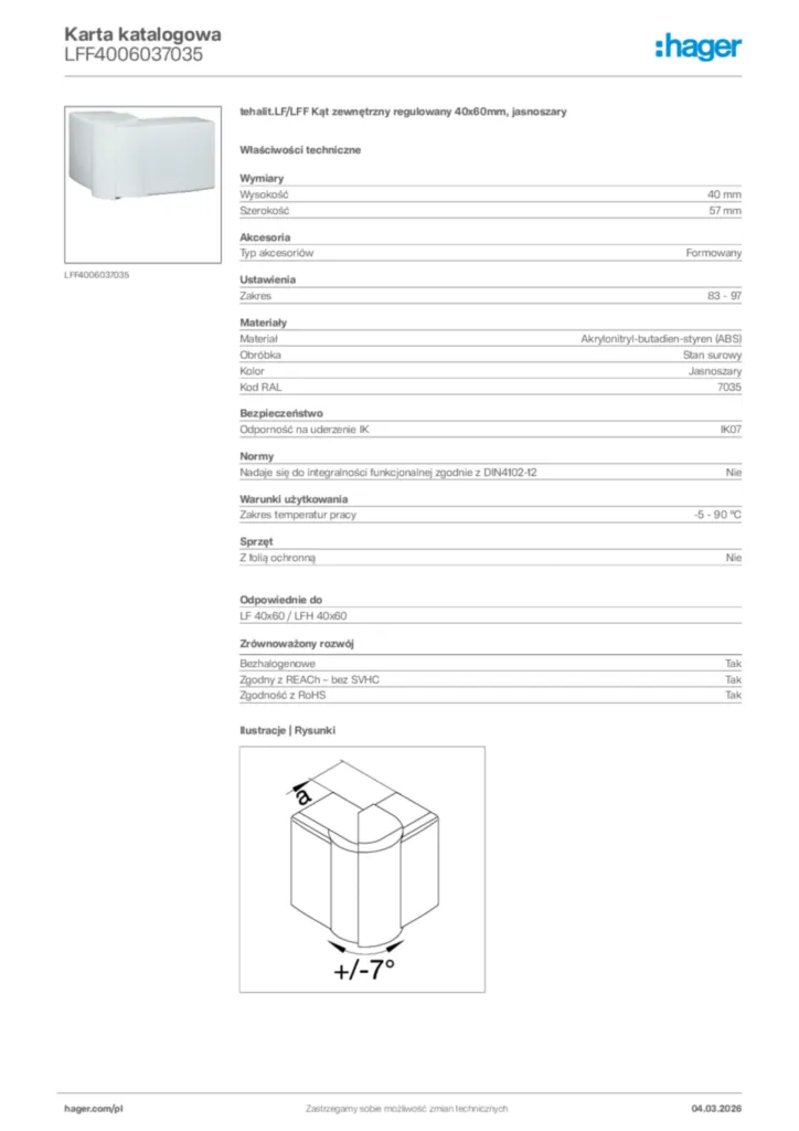 Zdjęcie Hager Karta katalogowa LFF4006037035 | Hager Polska