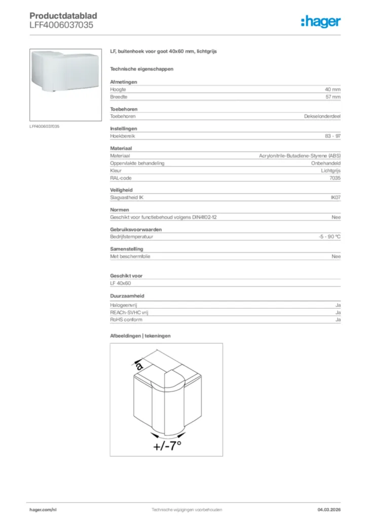 Afbeelding Hager Productdatablad LFF4006037035 | Hager Nederland