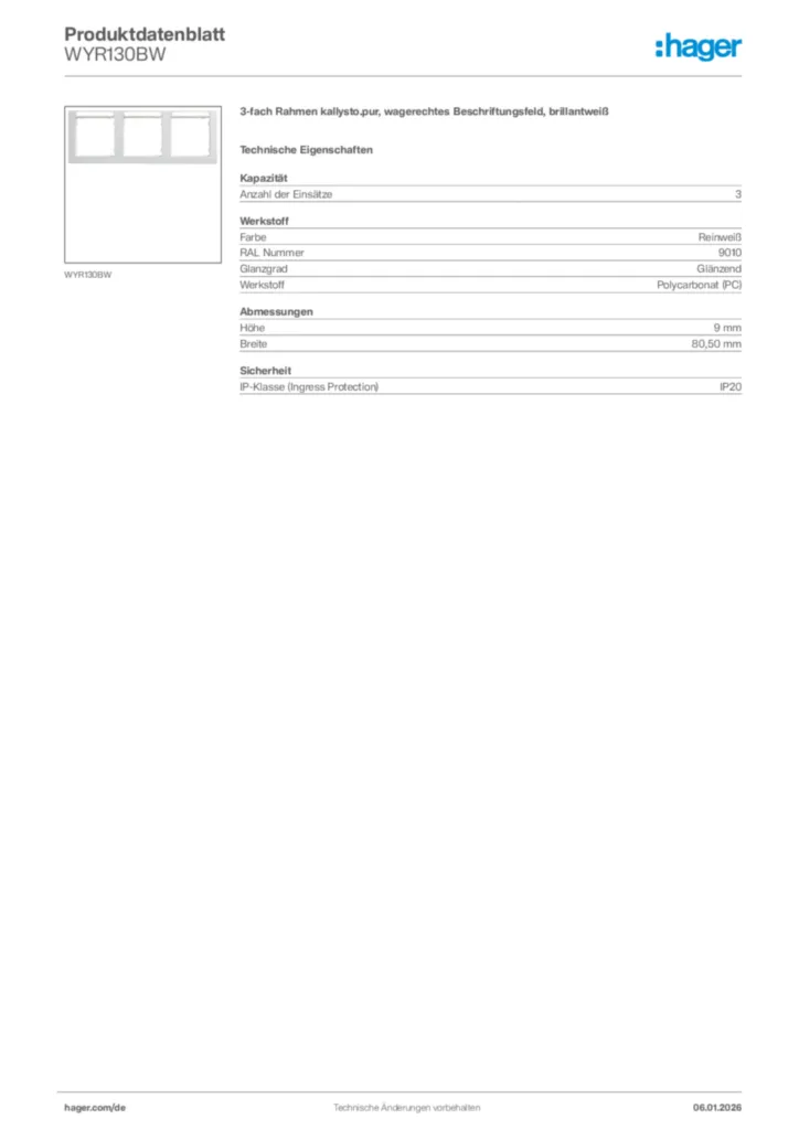 Bild Hager Produktdatenblatt WYR130BW | Hager Deutschland