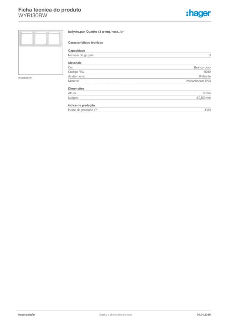 Imagem Hager Ficha técnica do produto WYR130BW | Hager Portugal