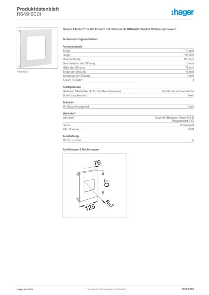 Bild Hager Produktdatenblatt R64919001 | Hager Deutschland