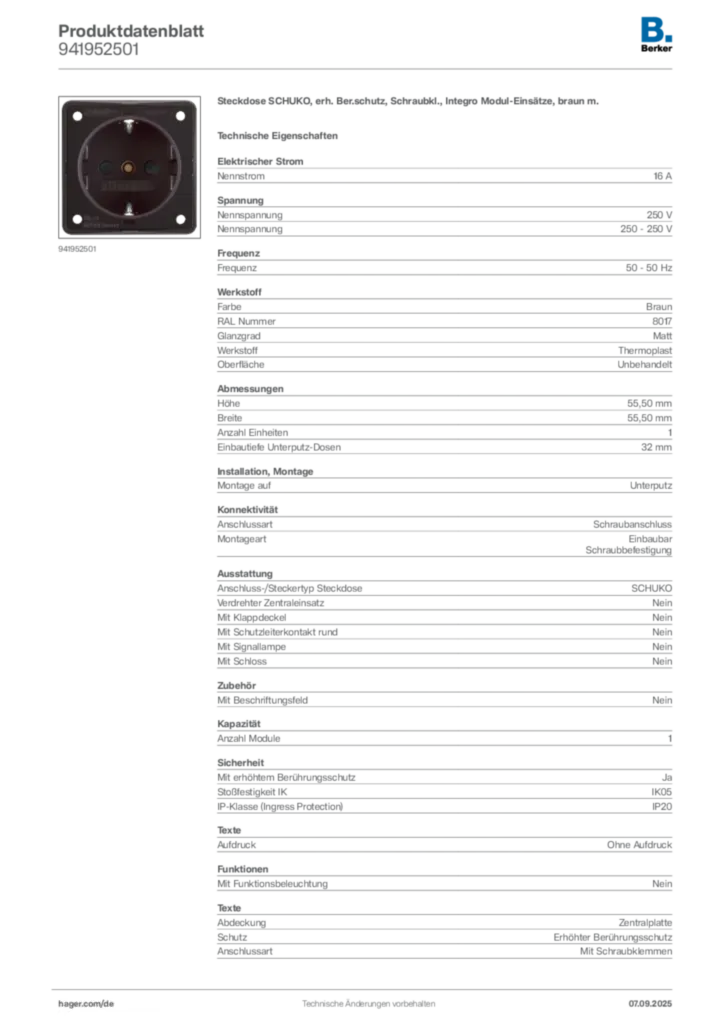 Bild Berker Produktdatenblatt 941952501 | Hager Deutschland
