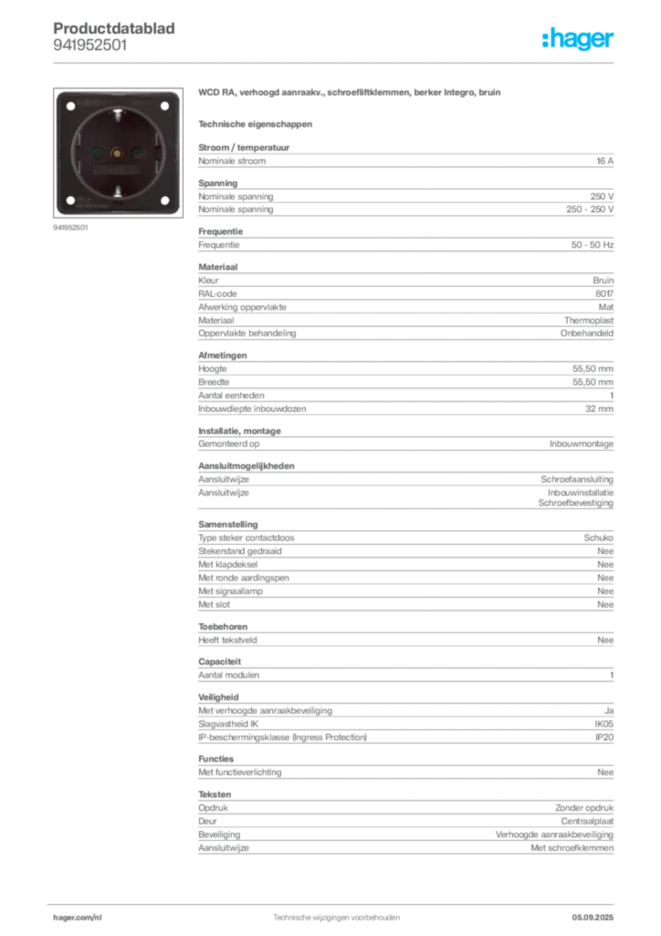 Afbeelding Hager Productdatablad 941952501 | Hager Nederland
