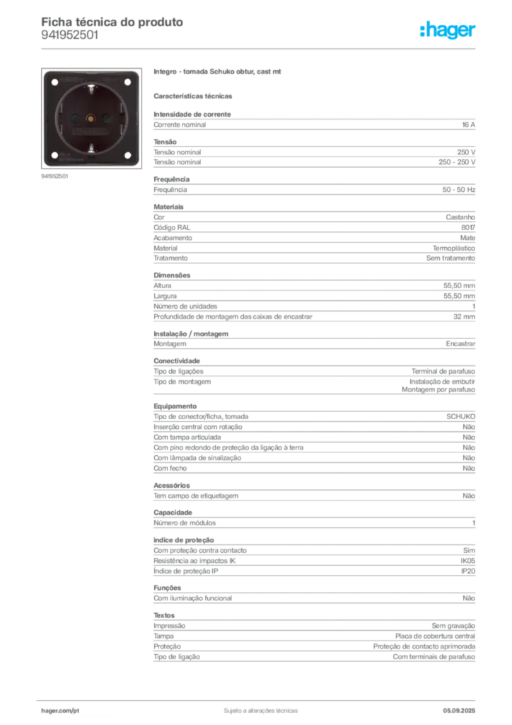 Imagem Hager Ficha técnica do produto 941952501 | Hager Portugal