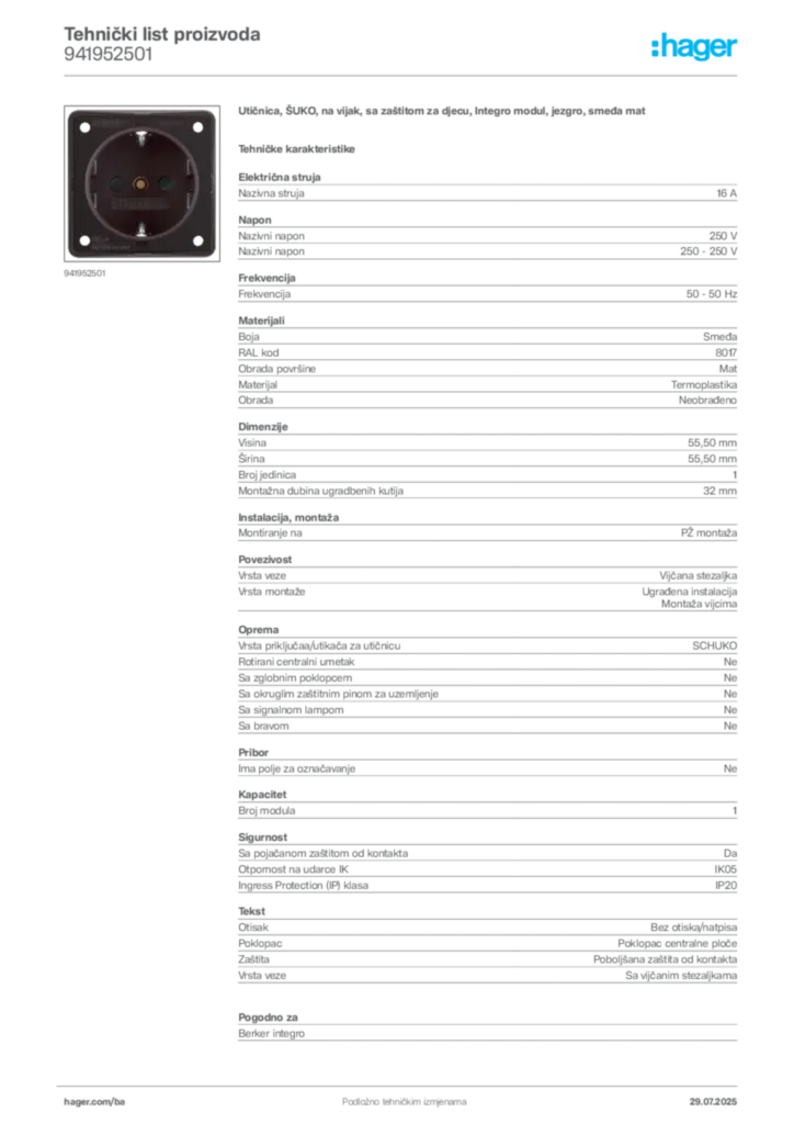 Slika Hager Product data sheet 941952501  | Hager