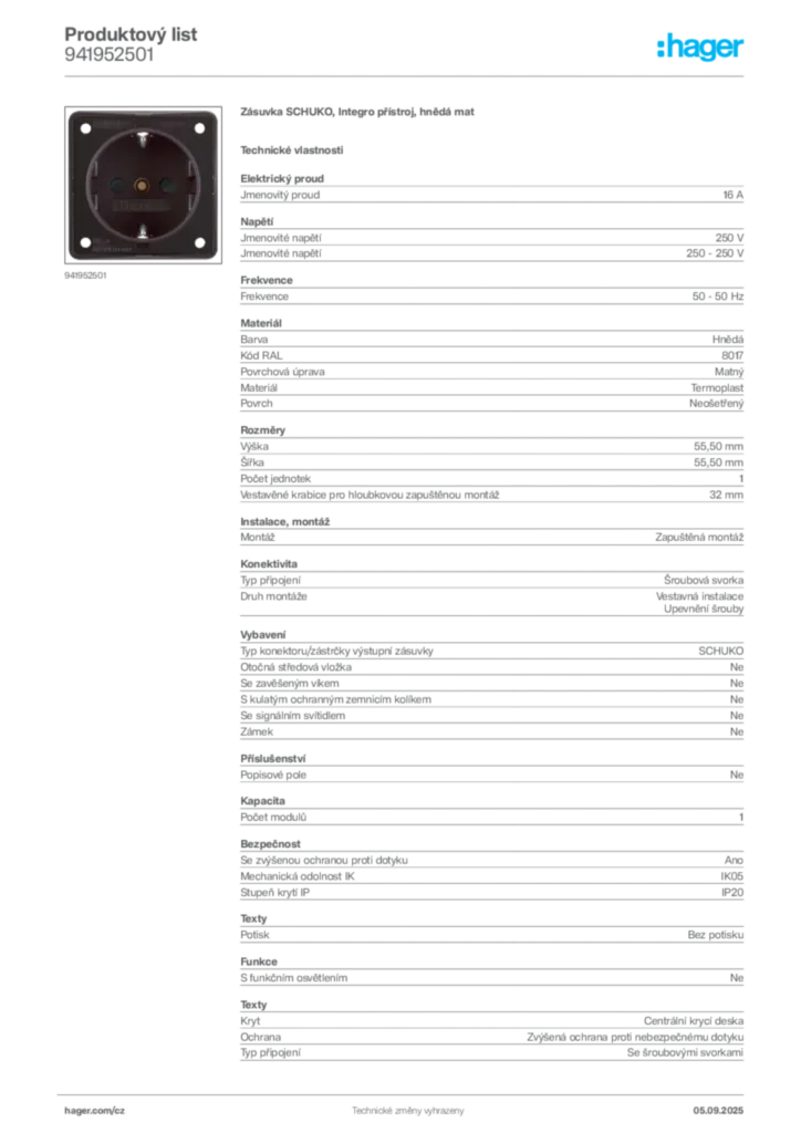 Obrázek Hager Produktový list 941952501 | Hager