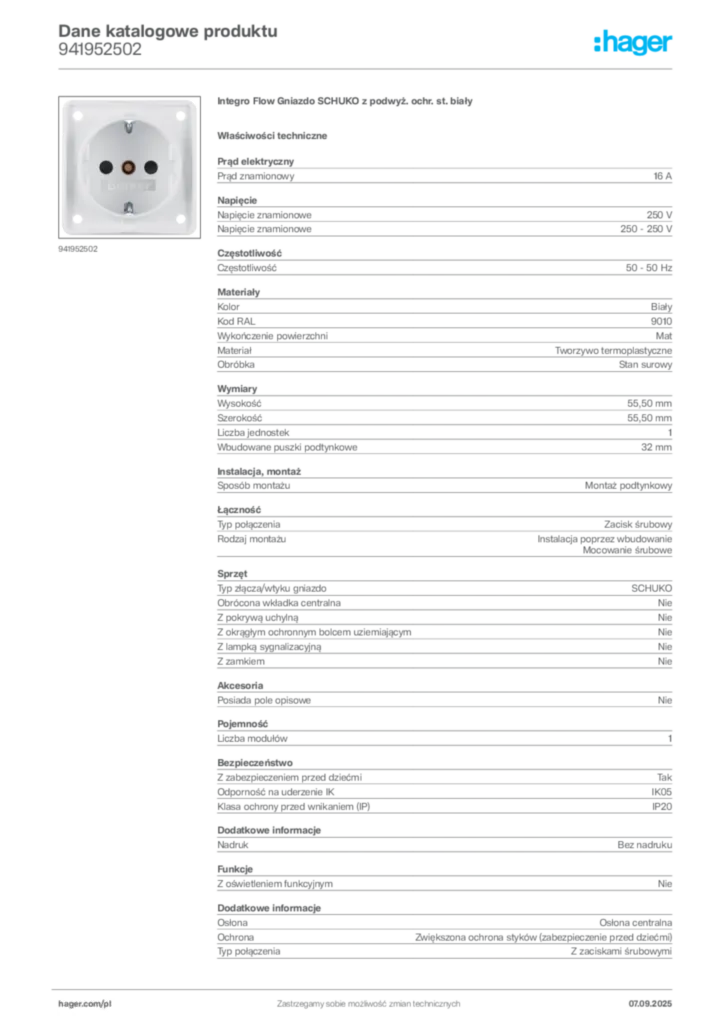 Zdjęcie Hager Dane katalogowe produktu 941952502 | Hager Polska