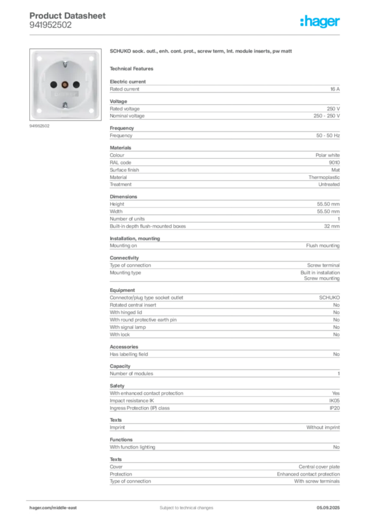 Image Hager Product data sheet 941952502  | Hager