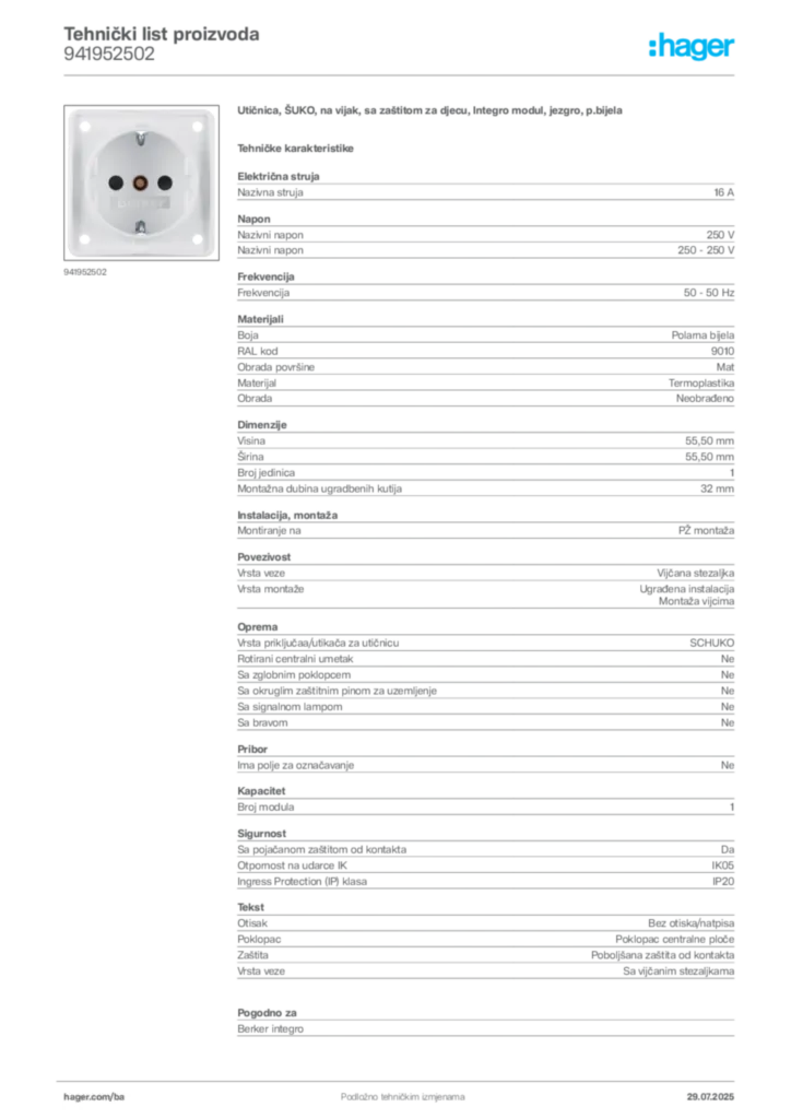 Slika Hager Product data sheet 941952502  | Hager