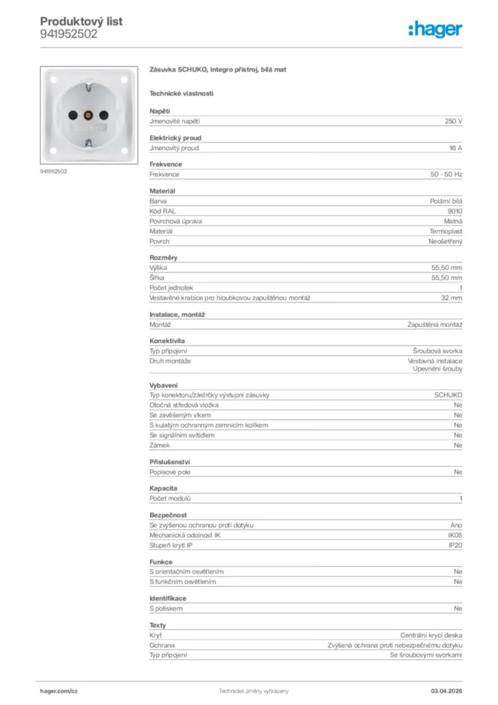Obrázek Hager Product data sheet 941952502 | Hager