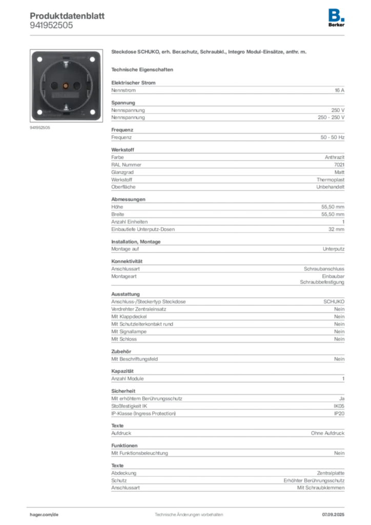 Bild Berker Produktdatenblatt 941952505 | Hager Deutschland