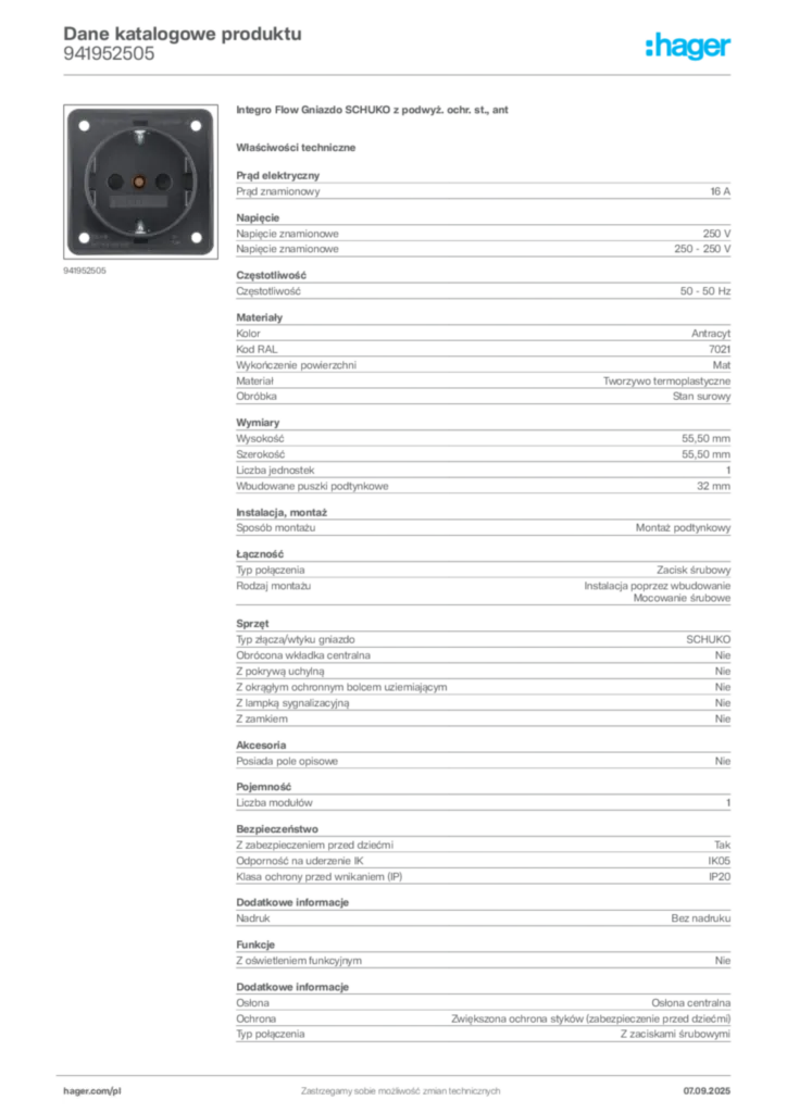Zdjęcie Hager Dane katalogowe produktu 941952505 | Hager Polska