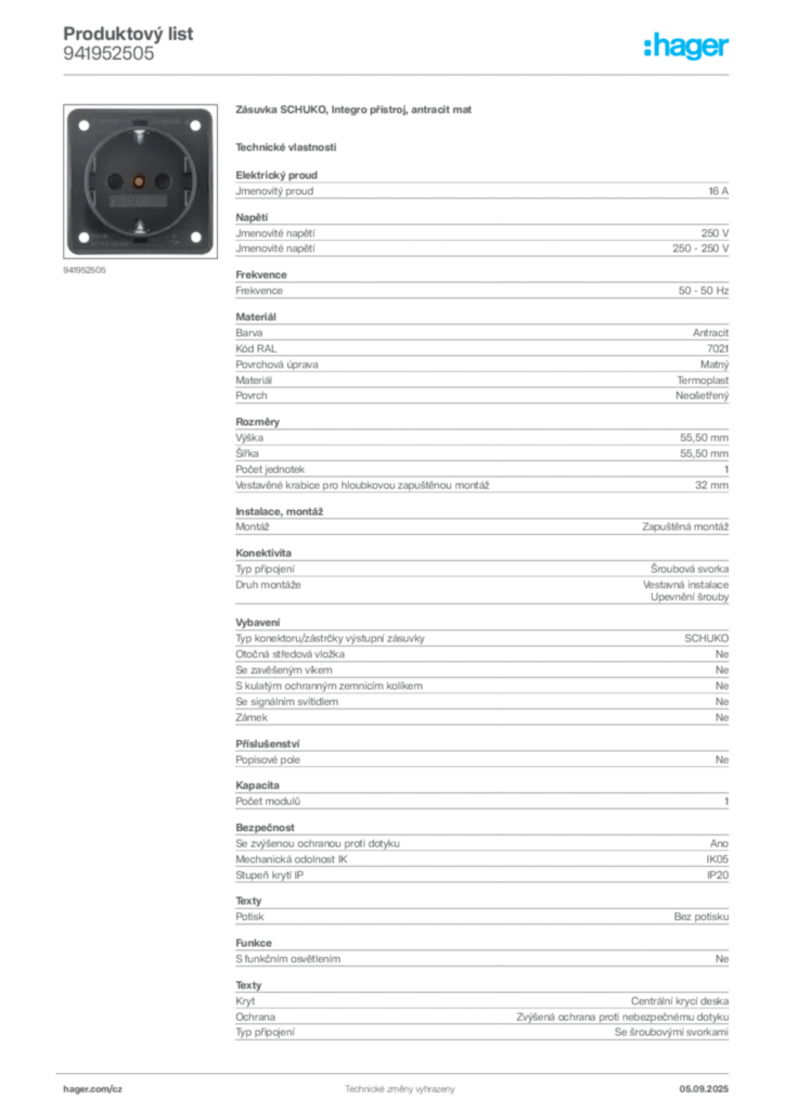 Obrázek Hager Produktový list 941952505 | Hager
