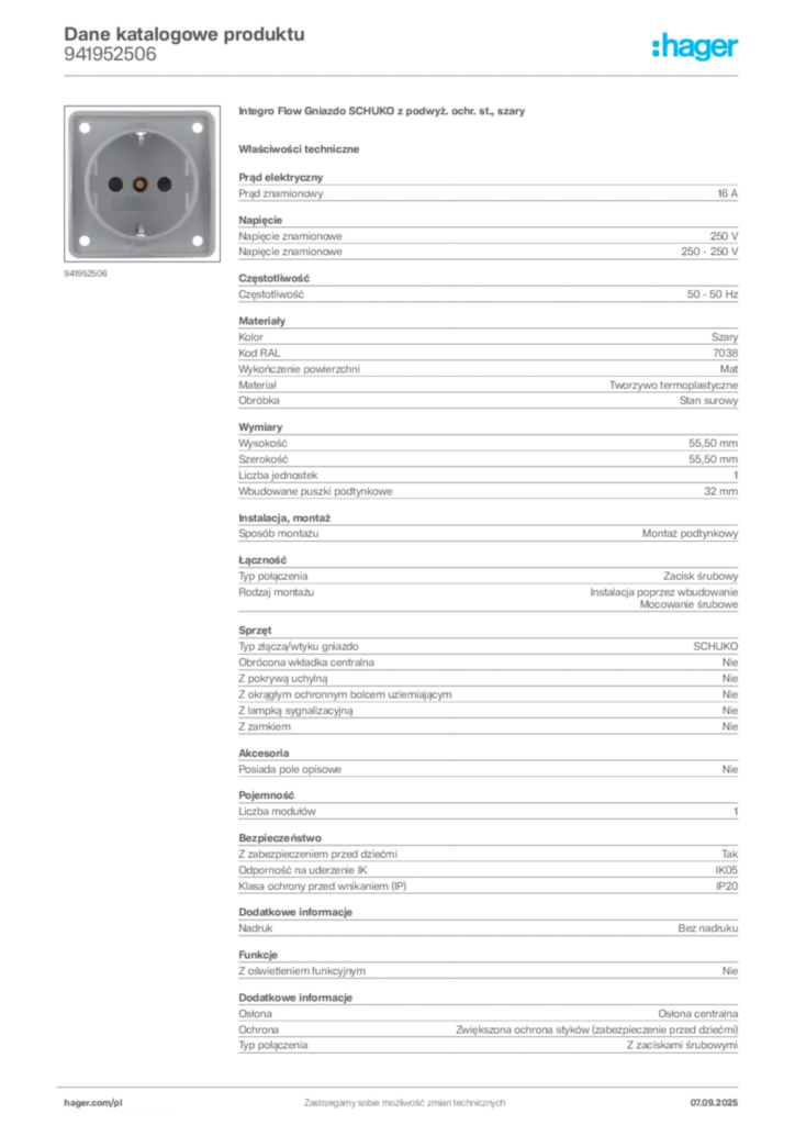 Zdjęcie Hager Dane katalogowe produktu 941952506 | Hager Polska