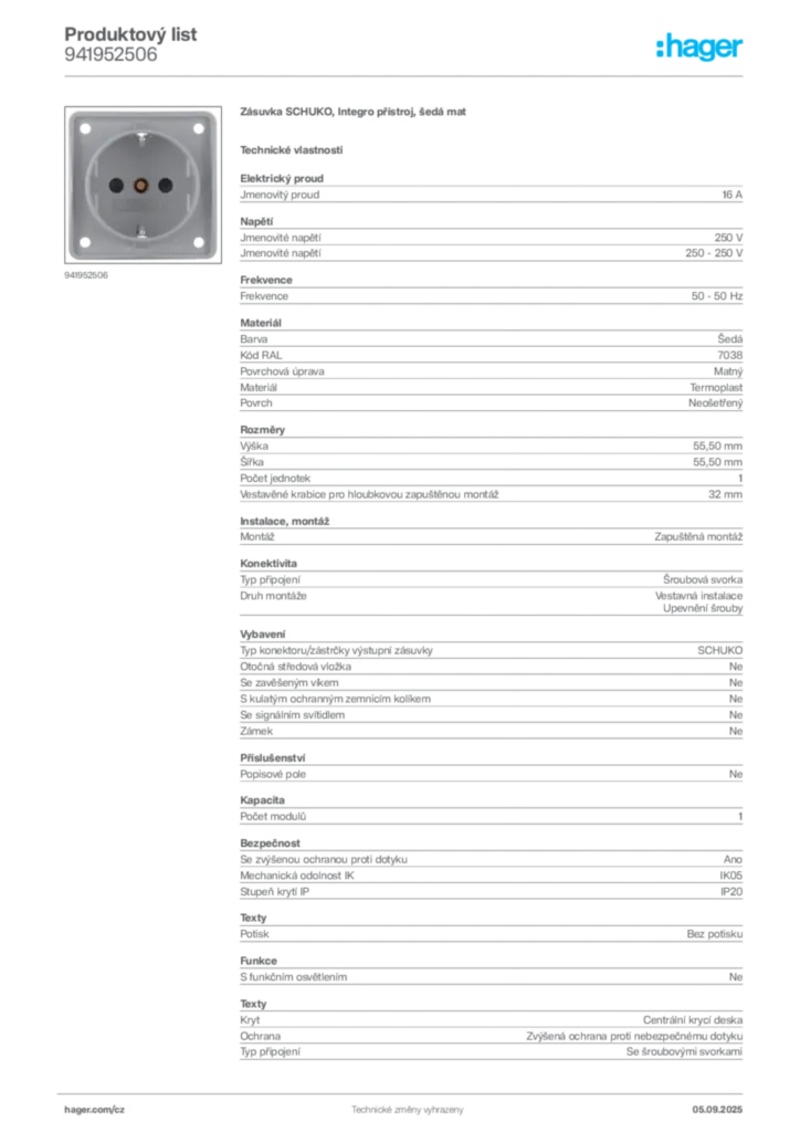 Obrázek Hager Produktový list 941952506 | Hager