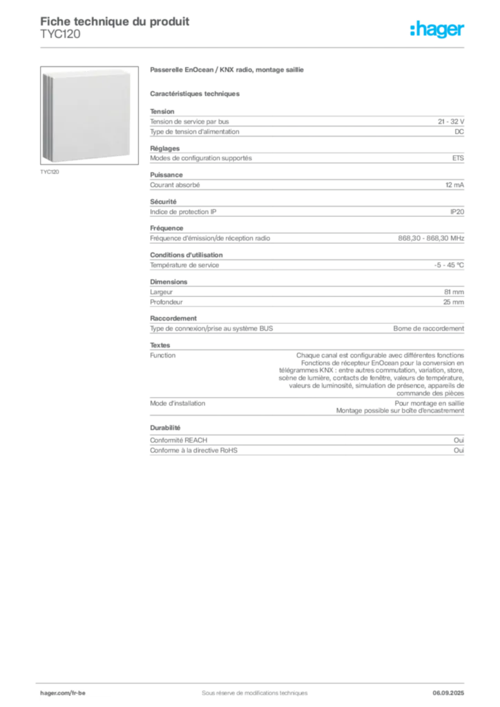 Image Hager Fiche technique du produit TYC120 | Hager Belgique