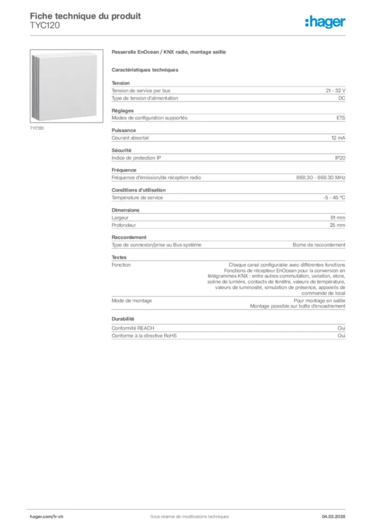 Image Hager Fiche technique du produit TYC120 | Hager Suisse