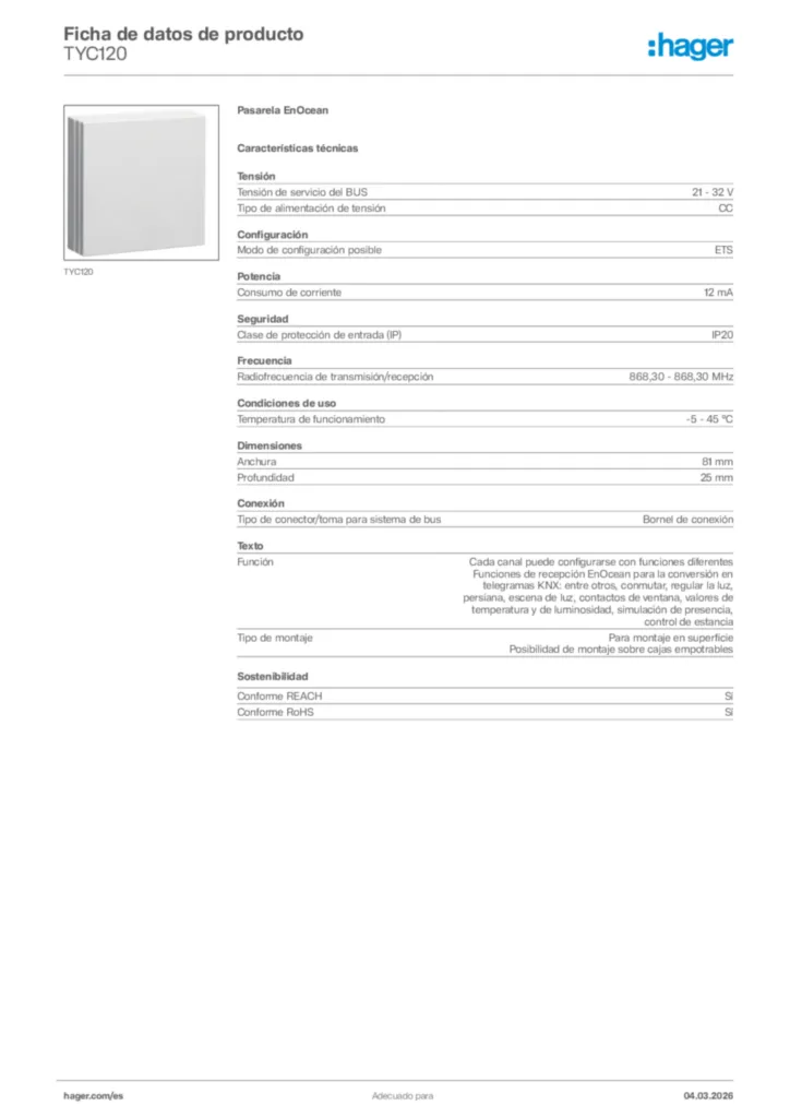 Imagen Hager Ficha de datos de producto TYC120 | Hager España