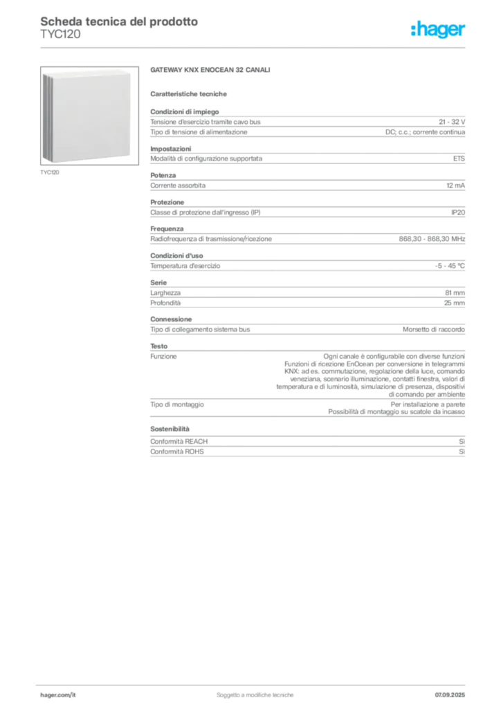 Immagine Hager Scheda tecnica del prodotto TYC120 | Hager Italia