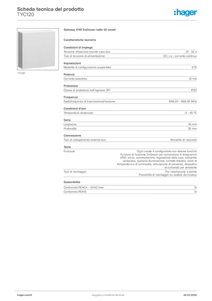 Immagine Hager Scheda tecnica del prodotto TYC120 | Hager Italia