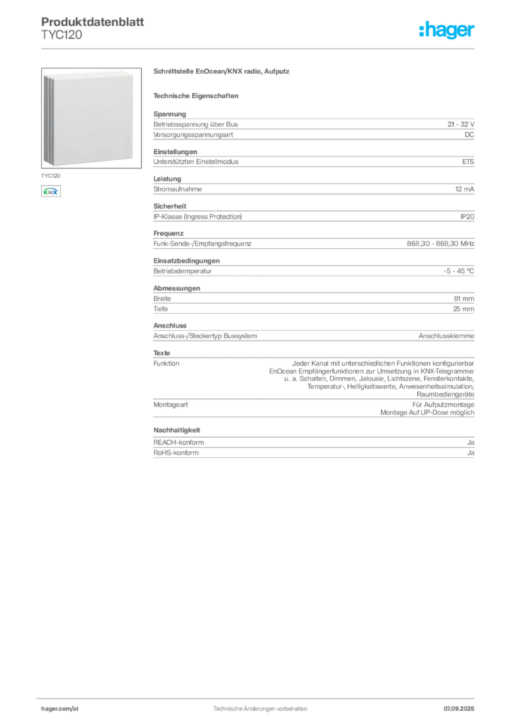 Bild Hager Produktdatenblatt TYC120 | Hager Deutschland