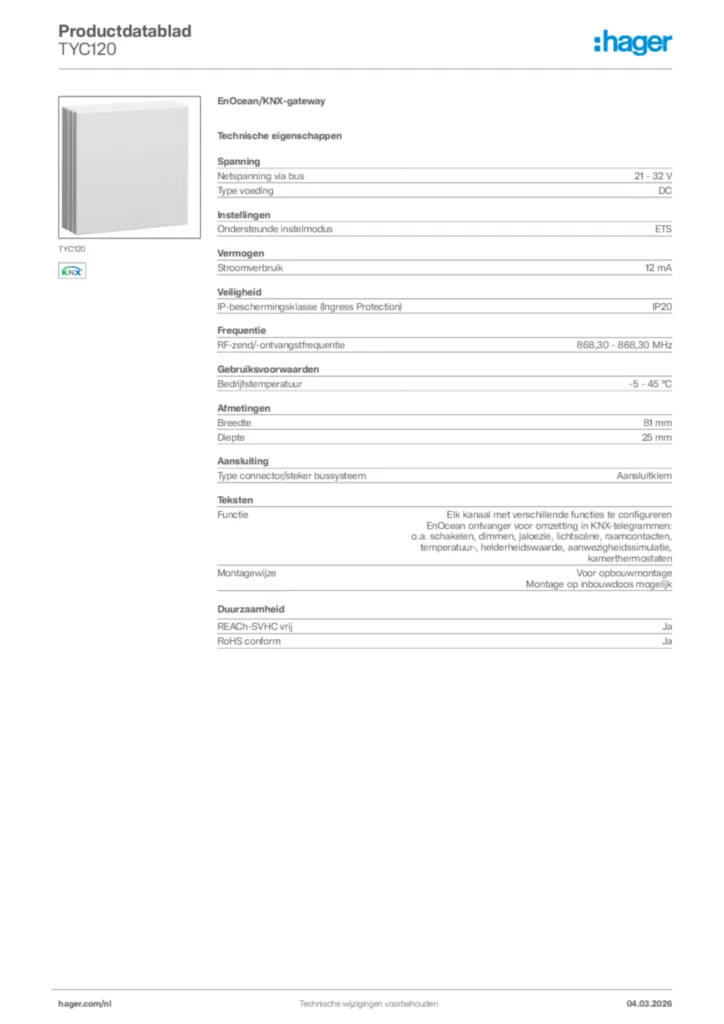 Afbeelding Hager Productdatablad TYC120 | Hager Nederland