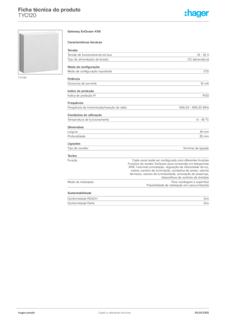 Imagem Hager Ficha técnica do produto TYC120 | Hager Portugal