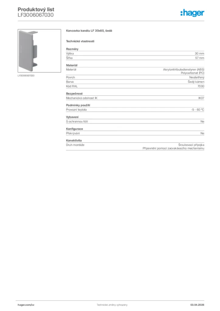 Obrázek Hager Product data sheet LF3006067030 | Hager