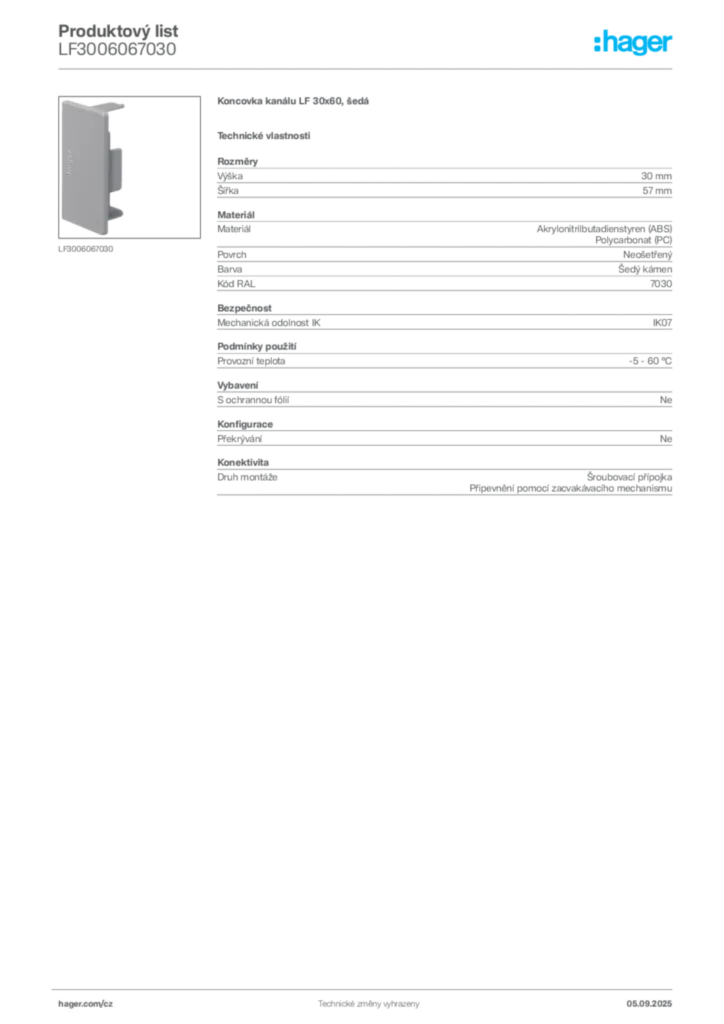 Obrázek Hager Produktový list LF3006067030 | Hager