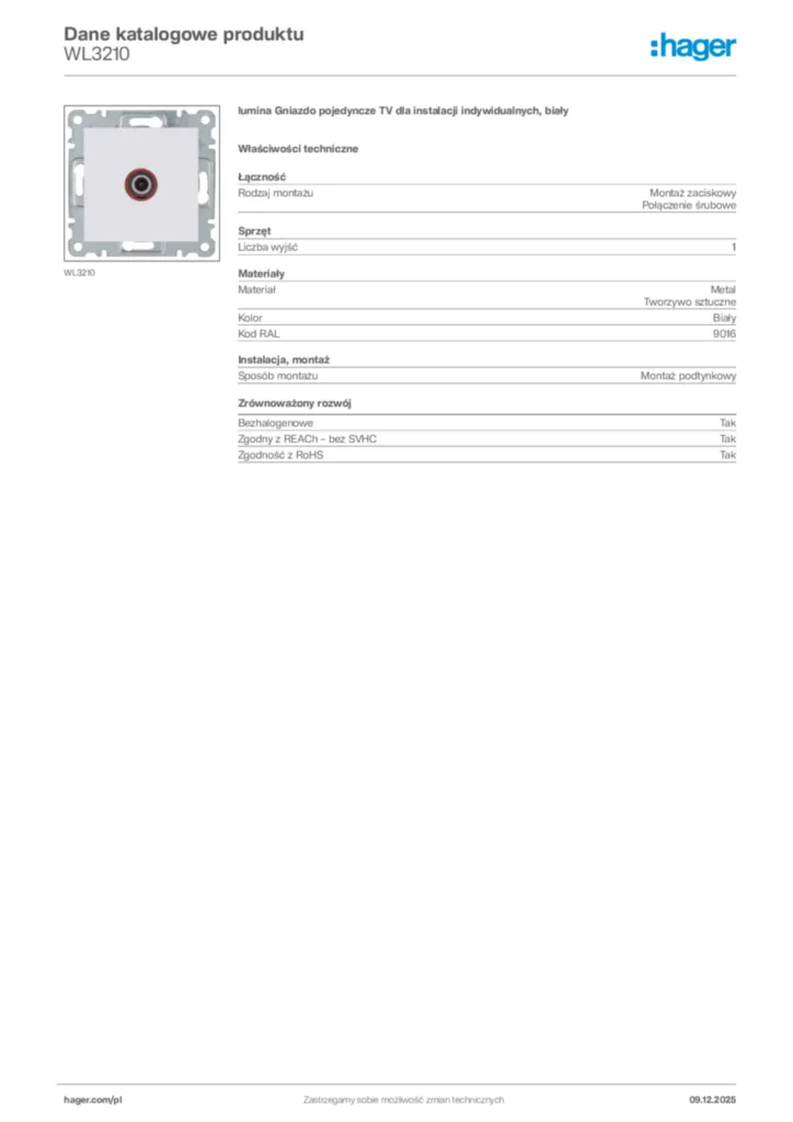 Zdjęcie Hager Dane katalogowe produktu WL3210 | Hager Polska