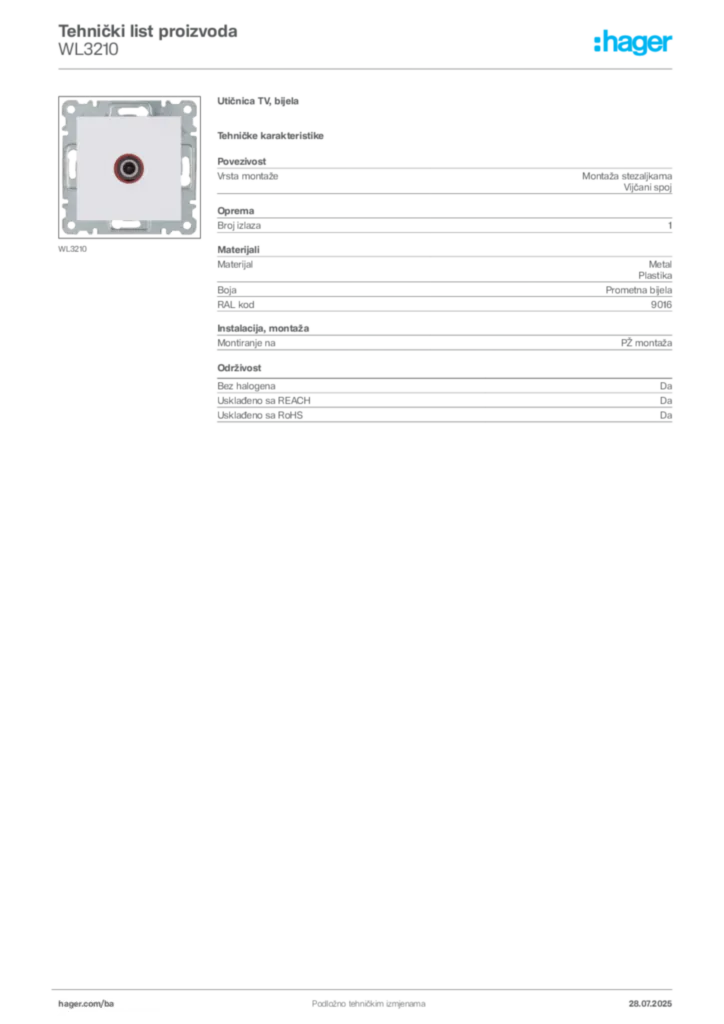 Slika Hager Product data sheet WL3210  | Hager