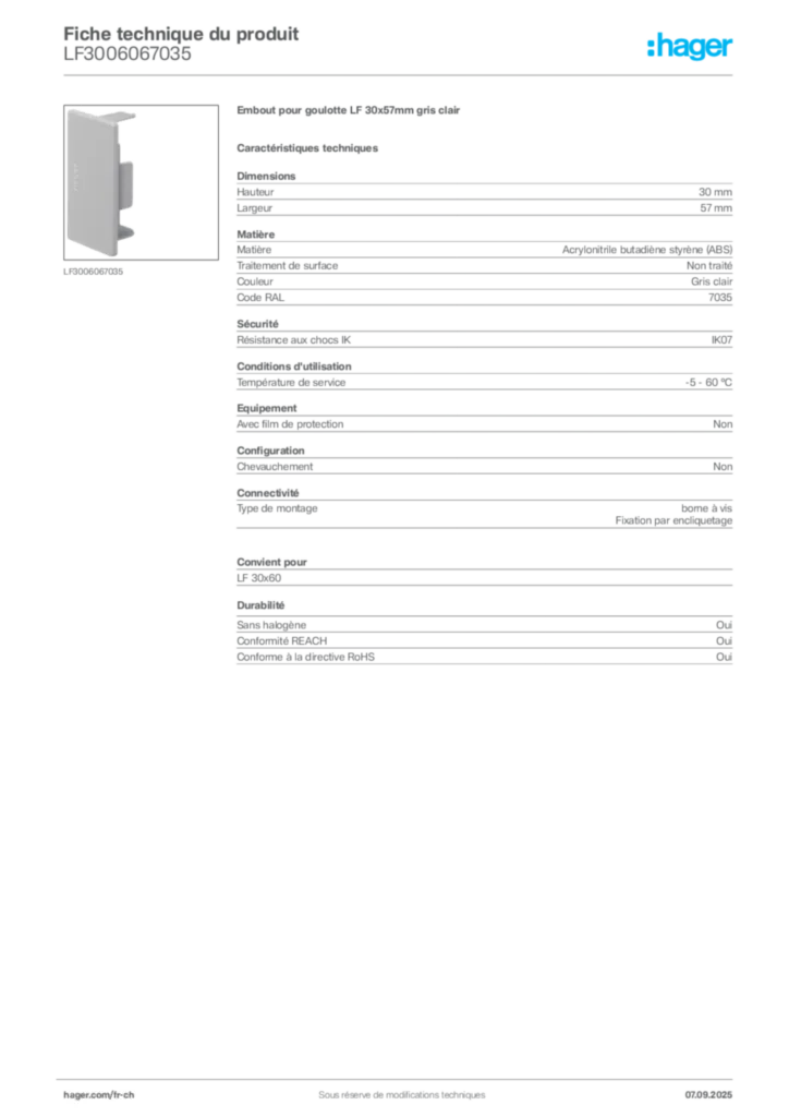 Image Hager Fiche technique du produit LF3006067035 | Hager Suisse