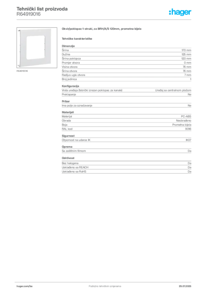 Slika Hager Product data sheet R64919016  | Hager