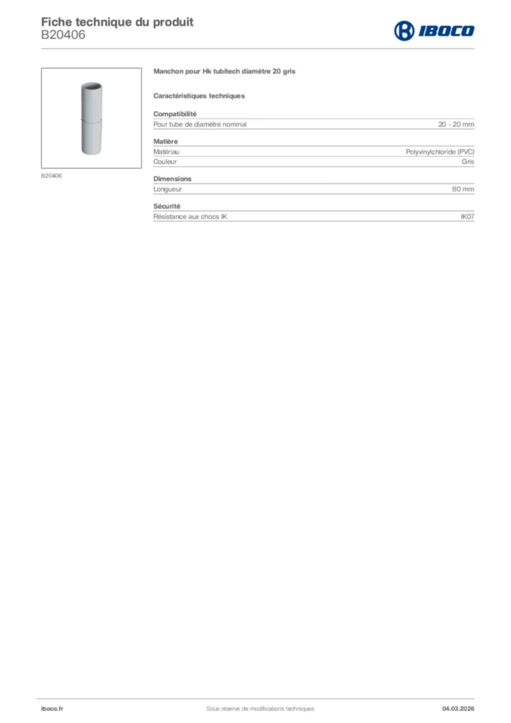 Image Iboco Fiche technique du produit B20406 | Hager France