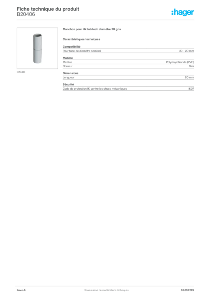 Image Iboco Fiche technique du produit B20406 | Hager France